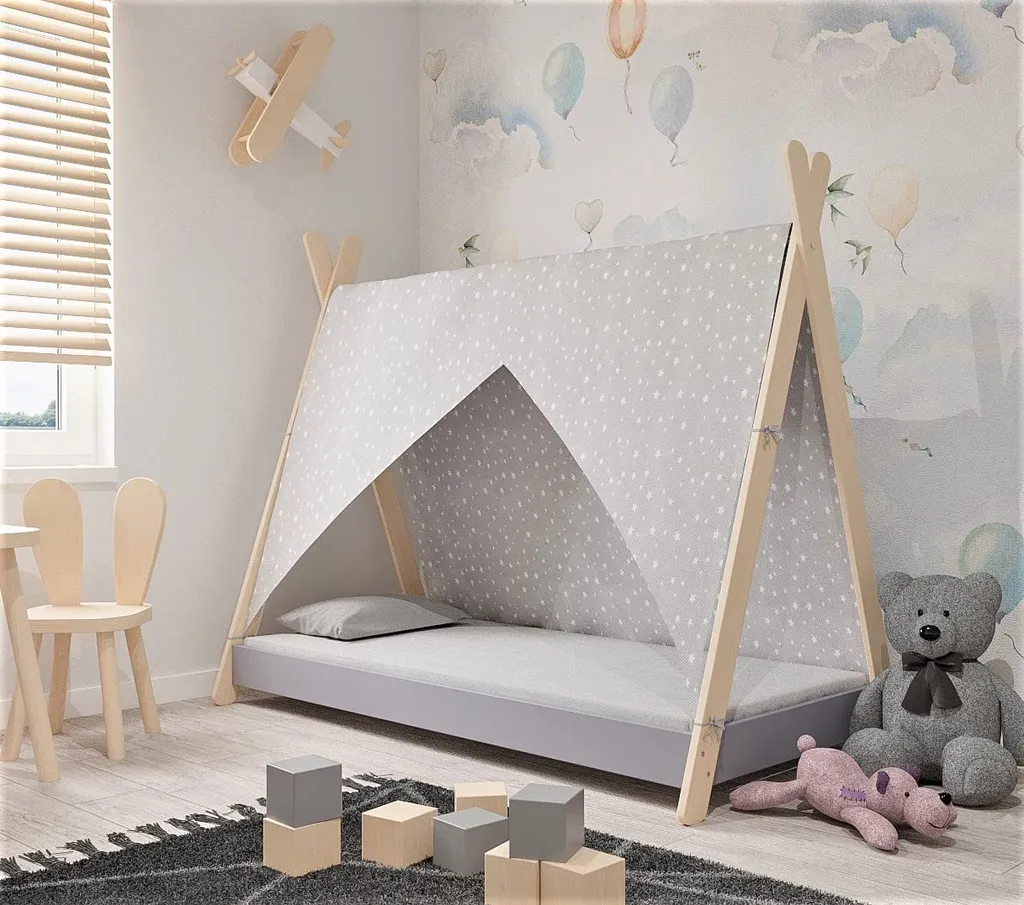 Meblex Tipi Bett für Kinder in Naturholz, für Mädchen und Jungen, Weiß Grüne Sterne Farbe, Grauer Rahmen Kleinkinder-Bodenbett Größe: 160x80cm